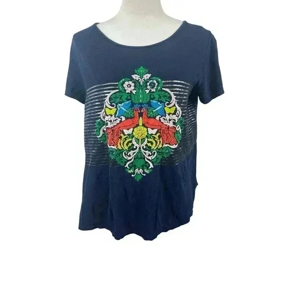 Crown & Ivy Navy Blue Peacock Top With Sequins Size XL - Picture 2 of 7